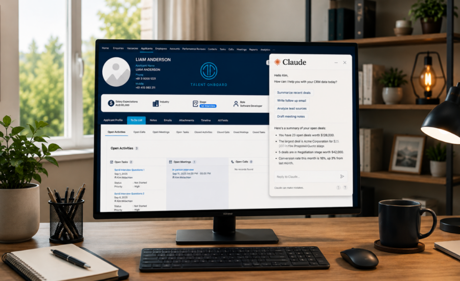 Claude AI assistant integrated with Talent Onboard and Zoho CRM