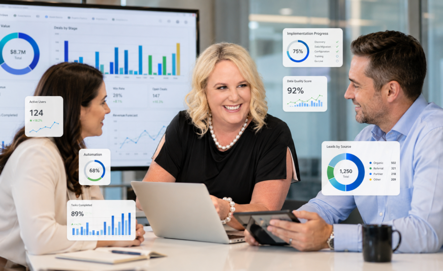 Business consultant meeting with clients while reviewing CRM implementation dashboards and software performance metrics.