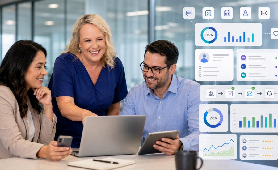 Consultant and clients reviewing integrated business systems, CRM workflows and connected software dashboards.