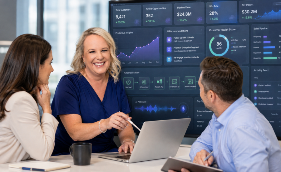 Consultant working with clients beside AI CRM dashboards showing automation, customer analytics and intelligent workflow metrics.