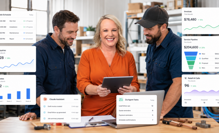 Business consultant reviewing trade service CRM dashboards and AI automation metrics with field service clients.
