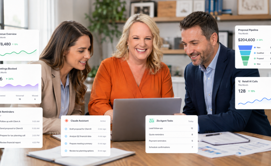 Business consultant with professional services clients reviewing CRM dashboards, proposals, meetings and AI automation.