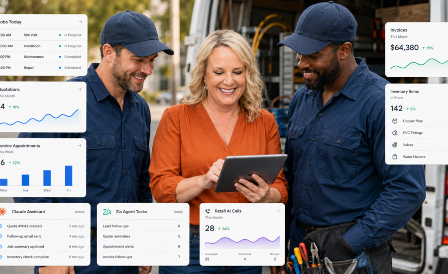 Consultant working with field service clients beside CRM dashboards showing jobs, invoices, inventory, Claude, Zoho Zia and Retell AI activity.