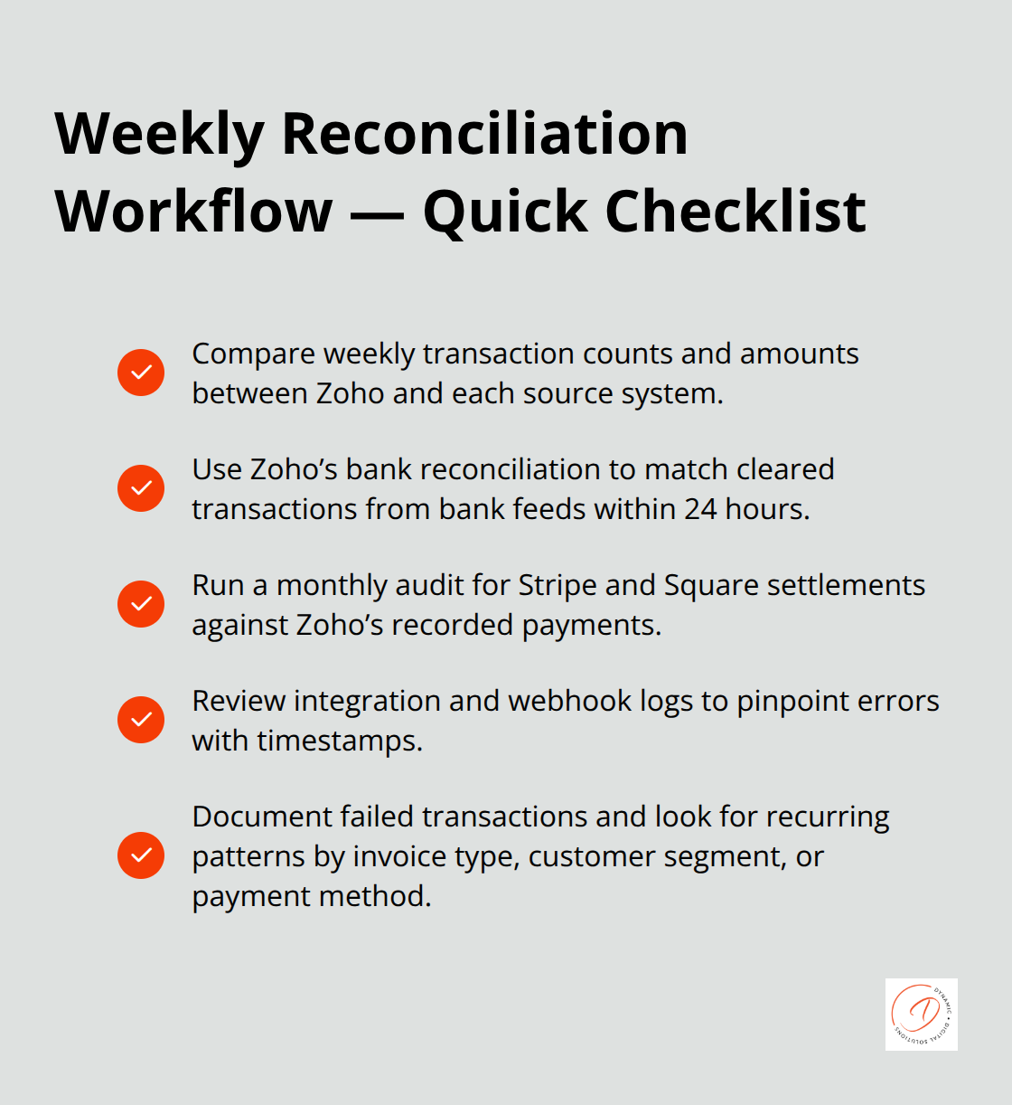 Checklist of weekly reconciliation actions for Australian businesses using Zoho. - accounting integration