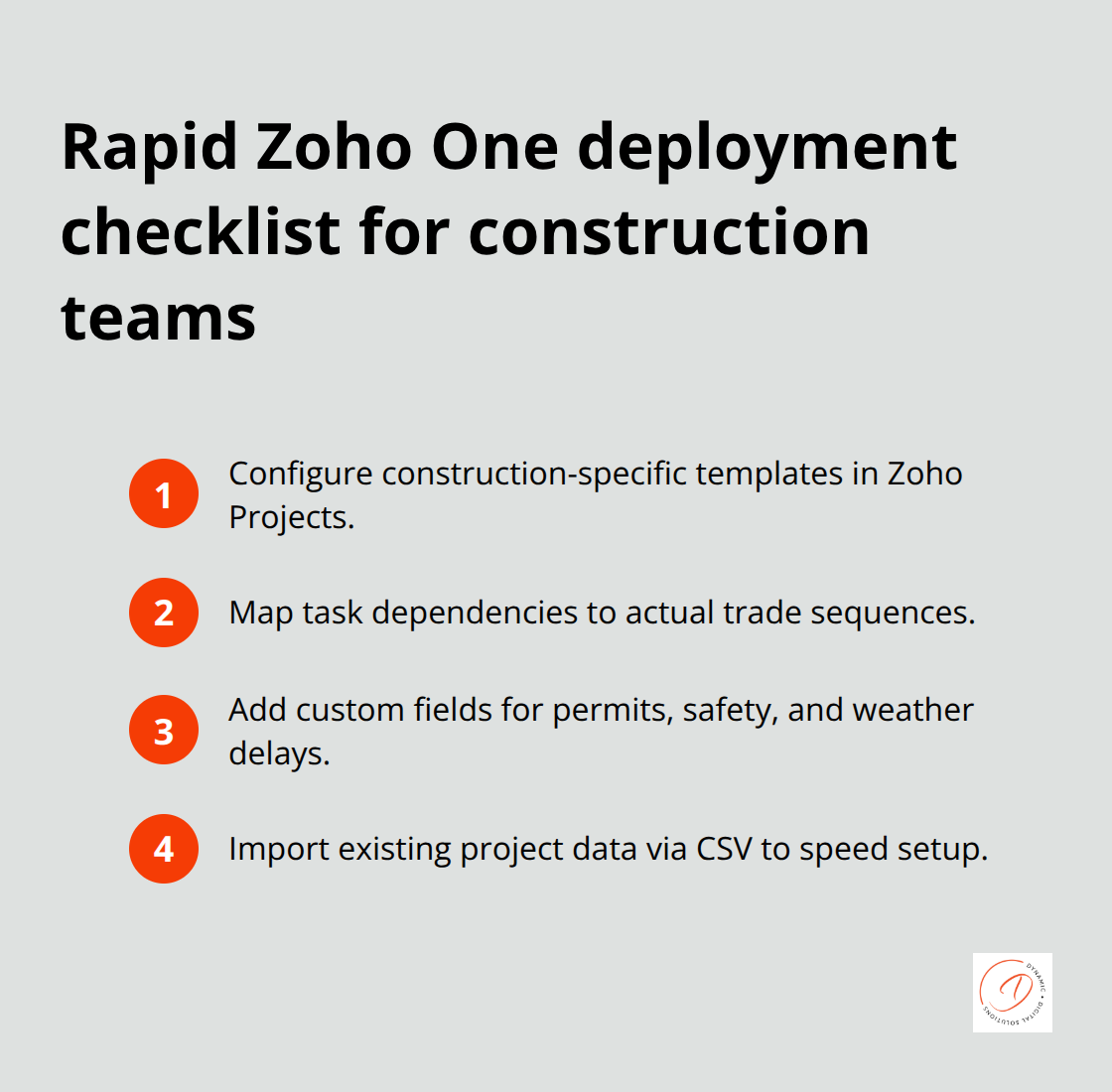 Compact ordered list of steps to deploy Zoho One for construction