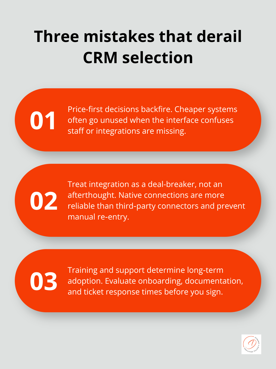 Stylised list of the three most costly CRM selection mistakes