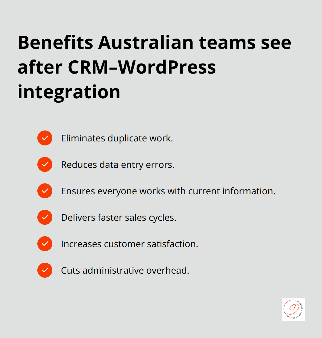 Checkmark list of integration benefits cited in the blog post - customer management wordpress