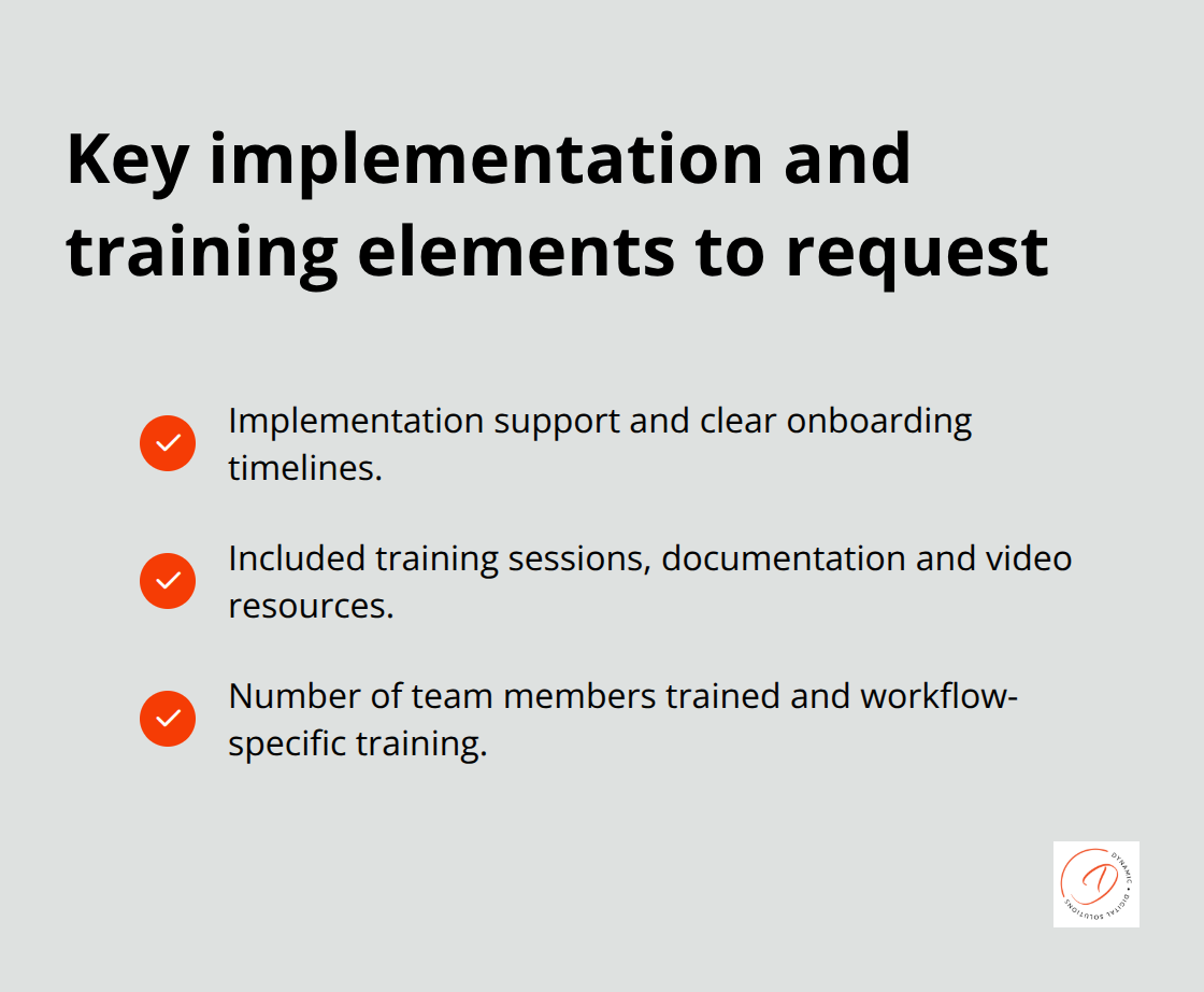 Checklist of implementation and training items to verify with CRM providers