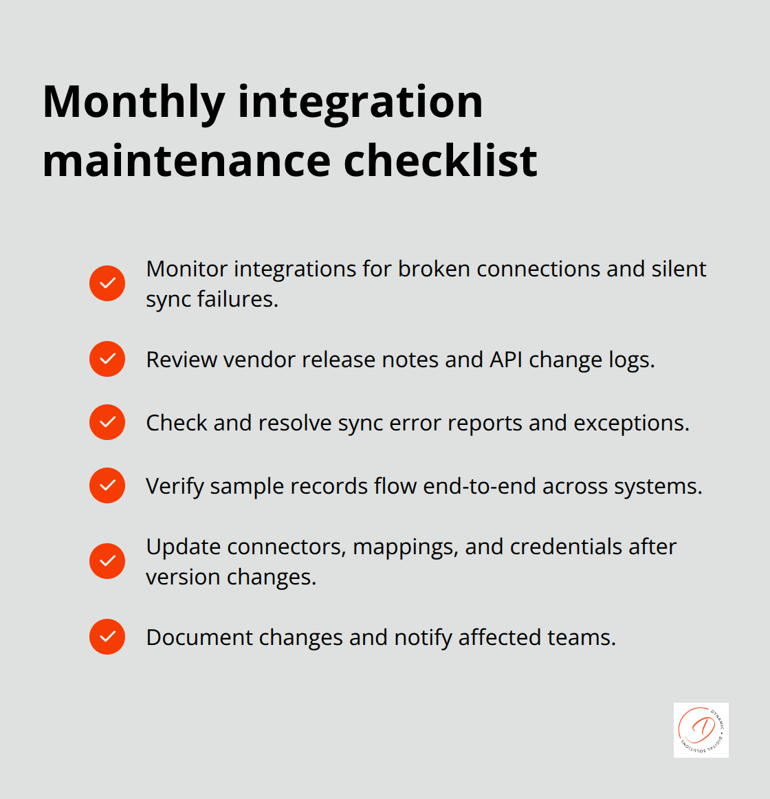 Checklist of recurring maintenance tasks to keep CRM integrations reliable.