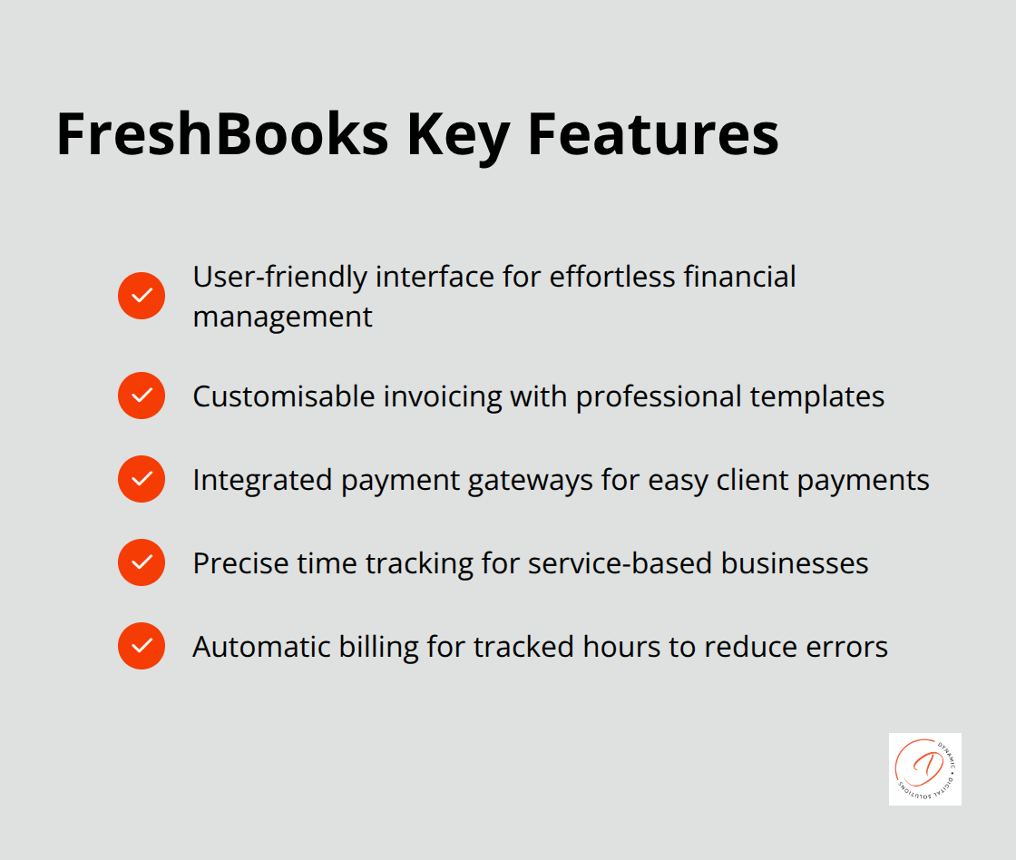 A checkmark list chart showing key features of FreshBooks: User-friendly interface, Customisable invoicing, Integrated payment gateways, Precise time tracking, and Automatic billing for tracked hours. - xero alternatives