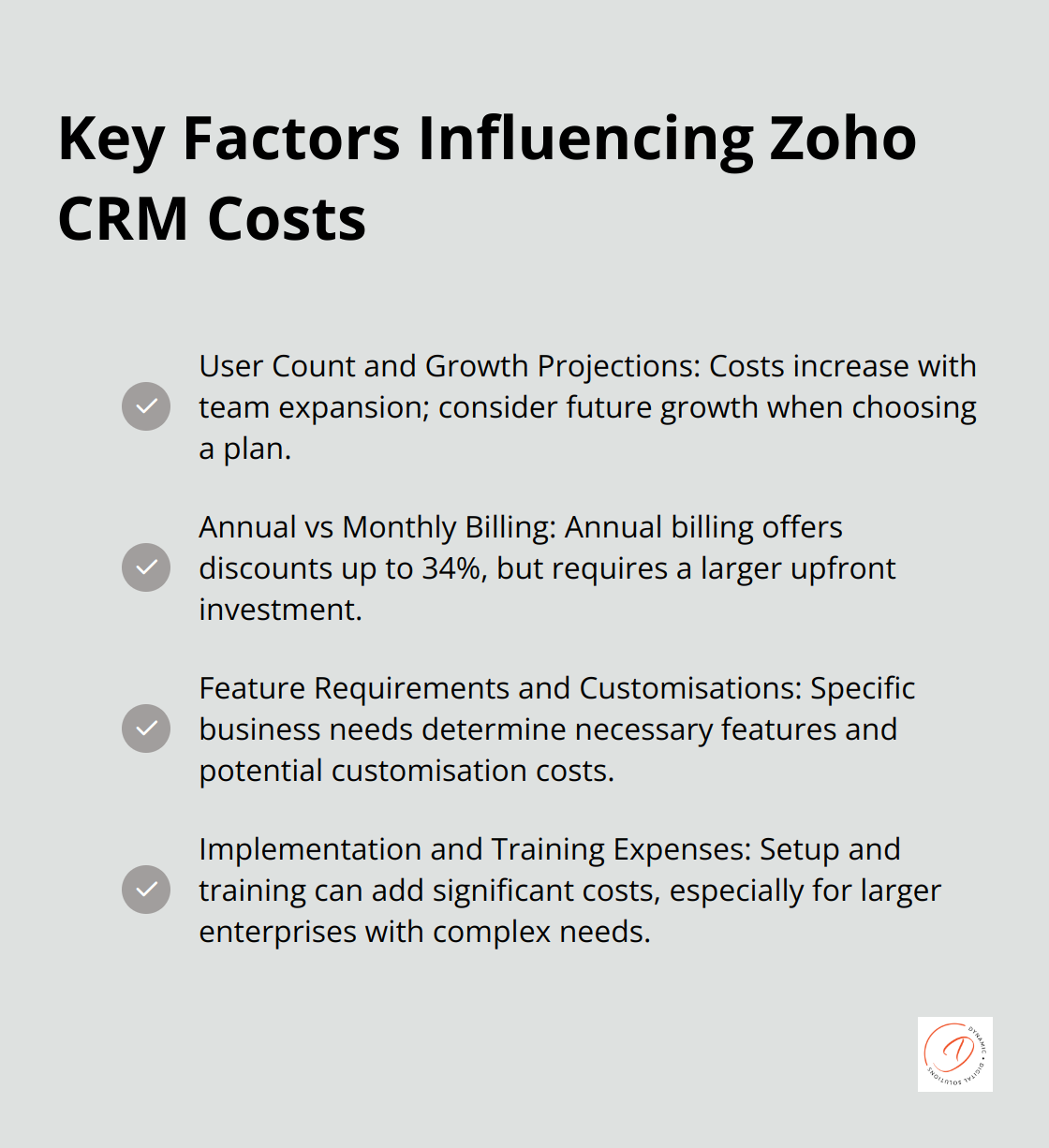 A checkmark list showing the key factors that impact Zoho CRM costs, including user count, billing cycle, feature requirements, and implementation expenses. - zoho crm pricing