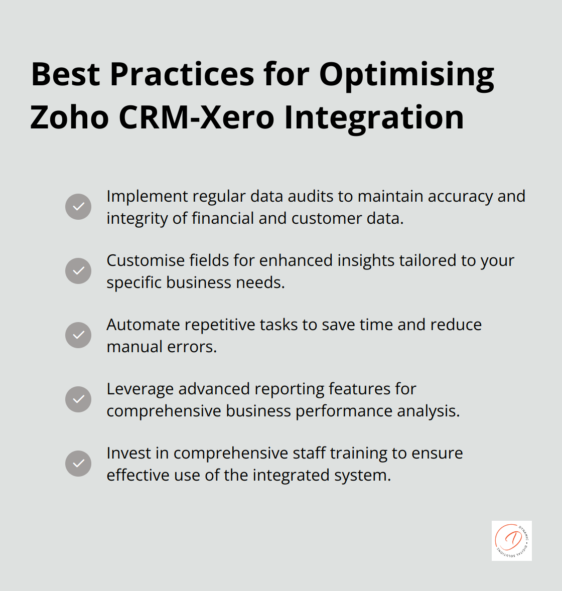 Checkmark list chart highlighting five best practices for optimising Zoho CRM-Xero integration: regular data audits, field customisation, task automation, advanced reporting, and staff training.