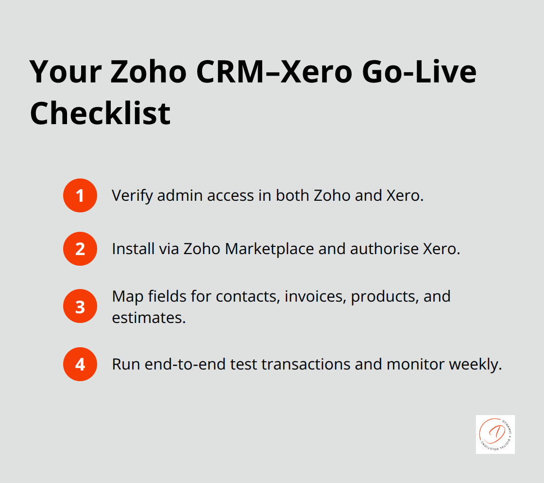 Compact ordered checklist of steps to successfully connect Zoho CRM with Xero for Australian businesses. - Zoho CRM Xero integration