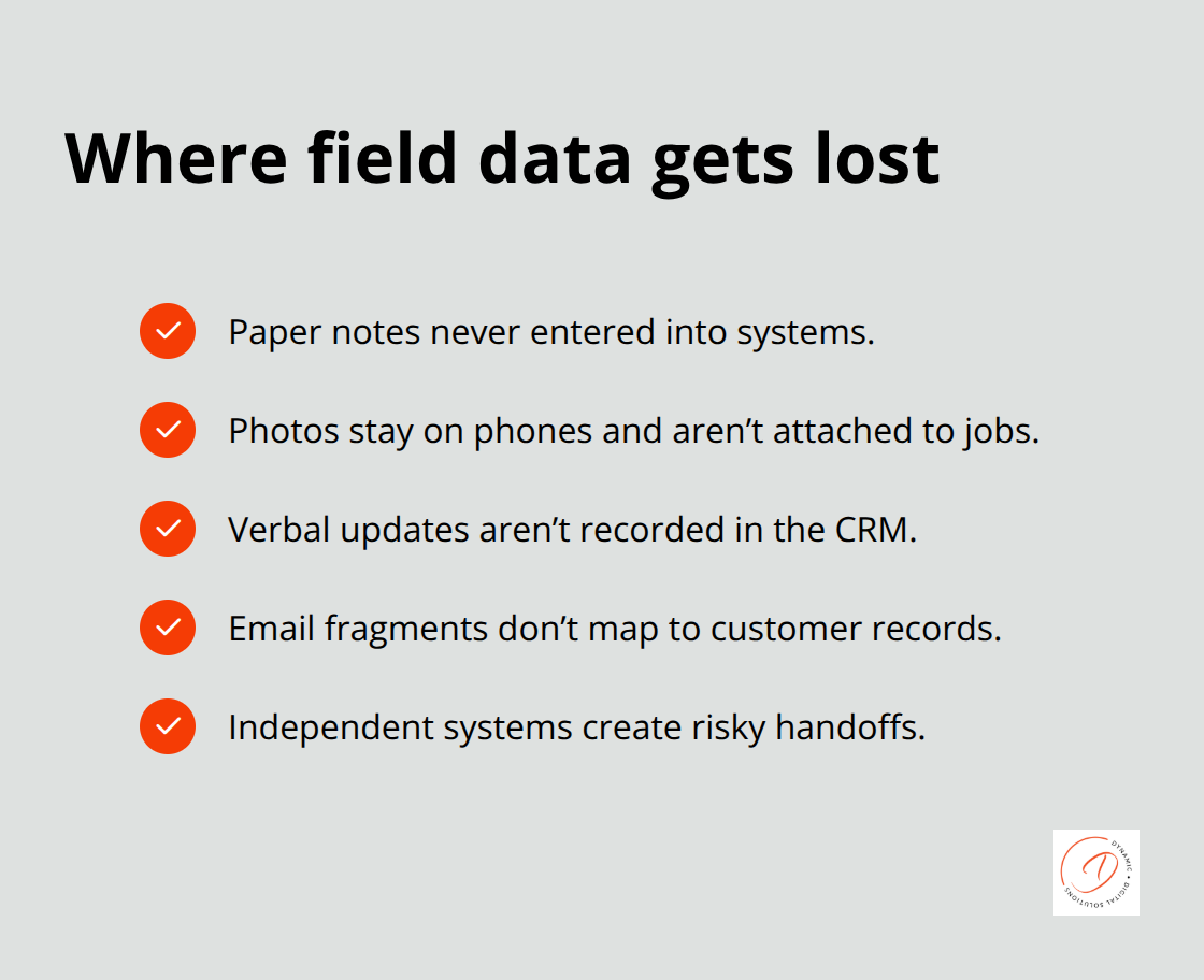 Key points where field service data commonly disappears before invoicing - zoho data flow