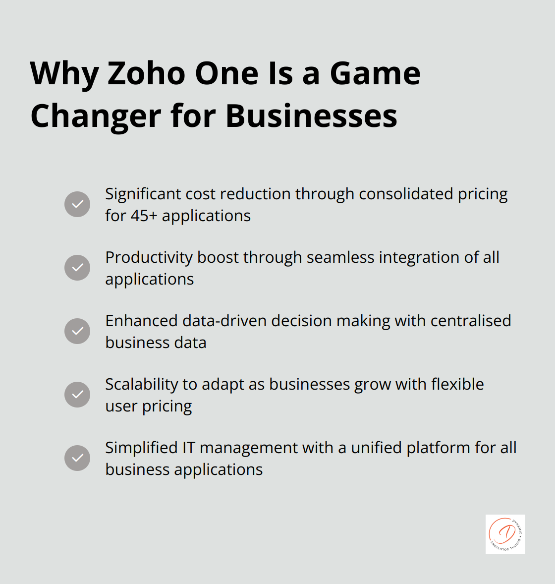 Checkmark list chart presenting five key benefits of Zoho One for businesses - zoho one license