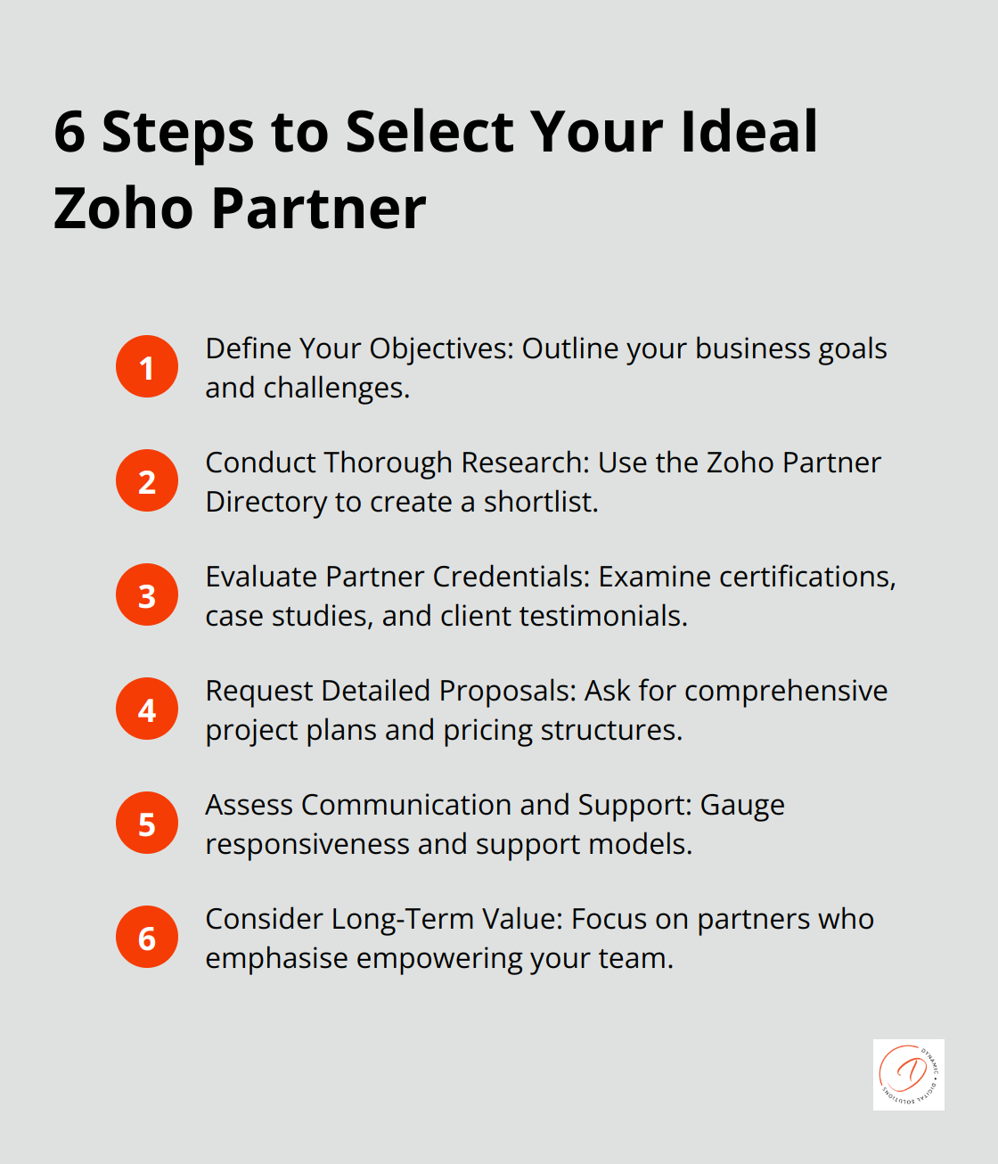 Ordered list showing six steps to select an ideal Zoho Partner - zoho partners